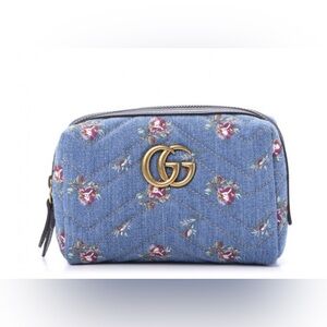 Denim Matelasse Flora GG Marmont Cosmetic Case Blue